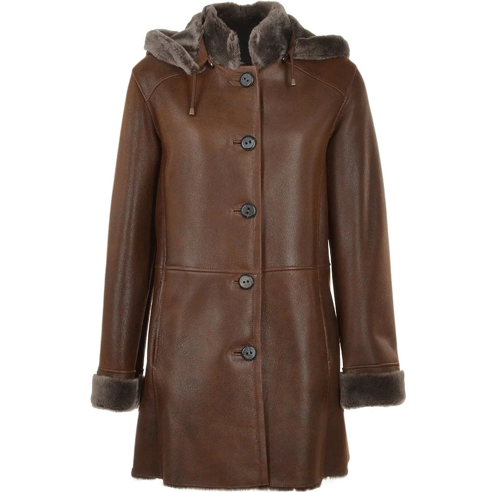 Women's Brown Hooded Shearling Leather Coat