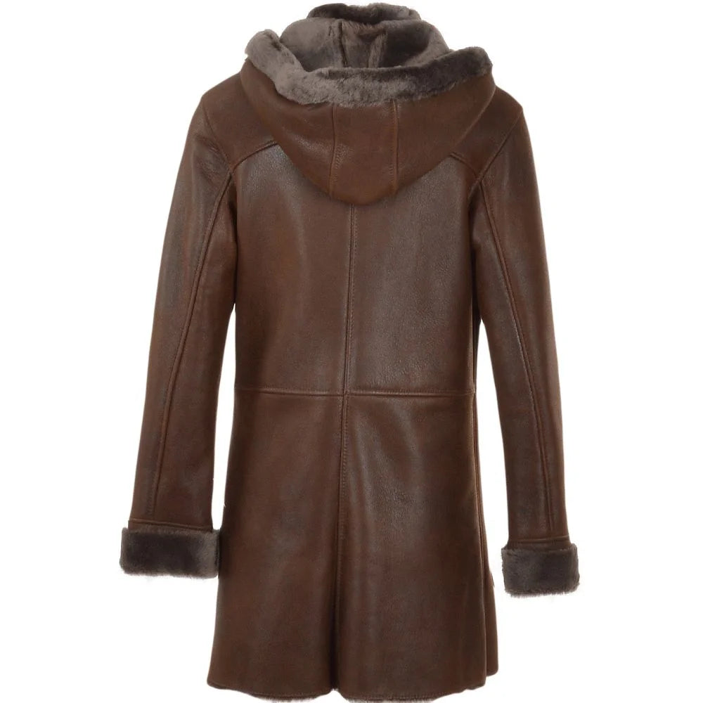 Women's Brown Hooded Shearling Leather Coat