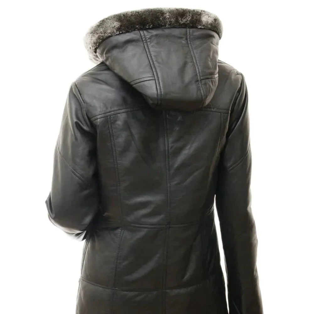 Women's Fur Hood Long Black Leather Jacket