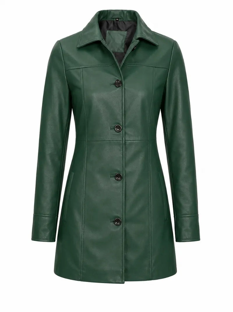 Women's Green Button Closure Leather Coat