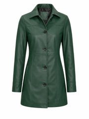 Women's Green Button Closure Leather Coat