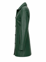 Women's Green Button Closure Leather Coat