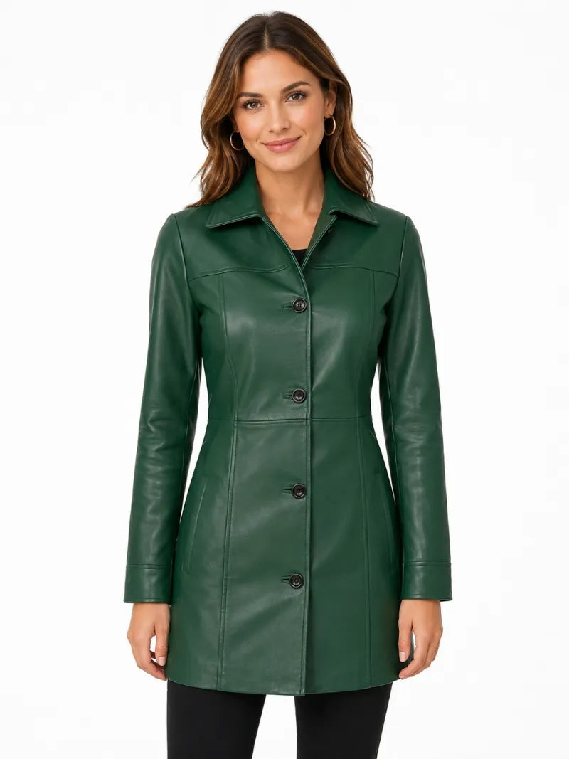 Women's Green Button Closure Leather Coat