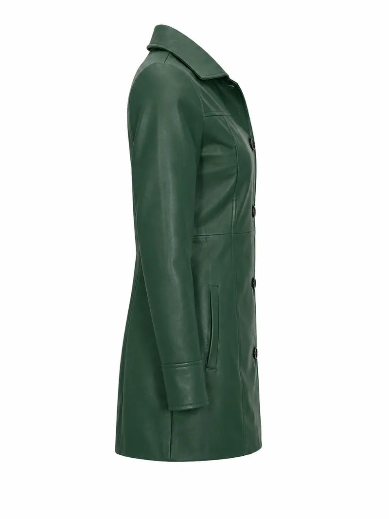 Women's Green Button Closure Leather Coat