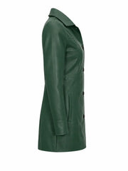 Women's Green Button Closure Leather Coat