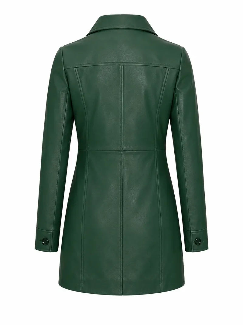 Women's Green Button Closure Leather Coat