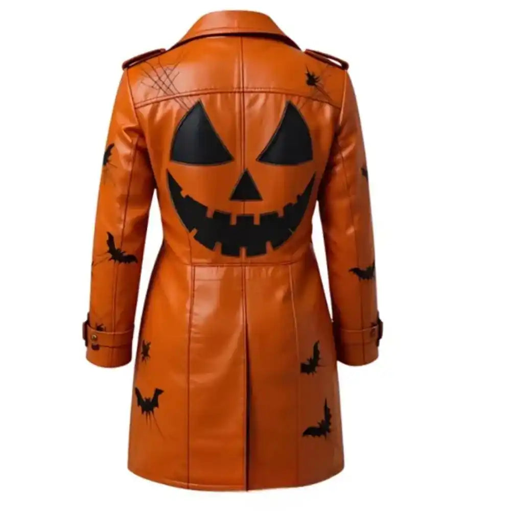 Women’s Halloween Bat Print Orange Leather Trench Coat