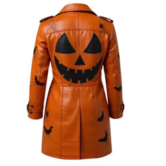 Women’s Halloween Bat Print Orange Leather Trench Coat