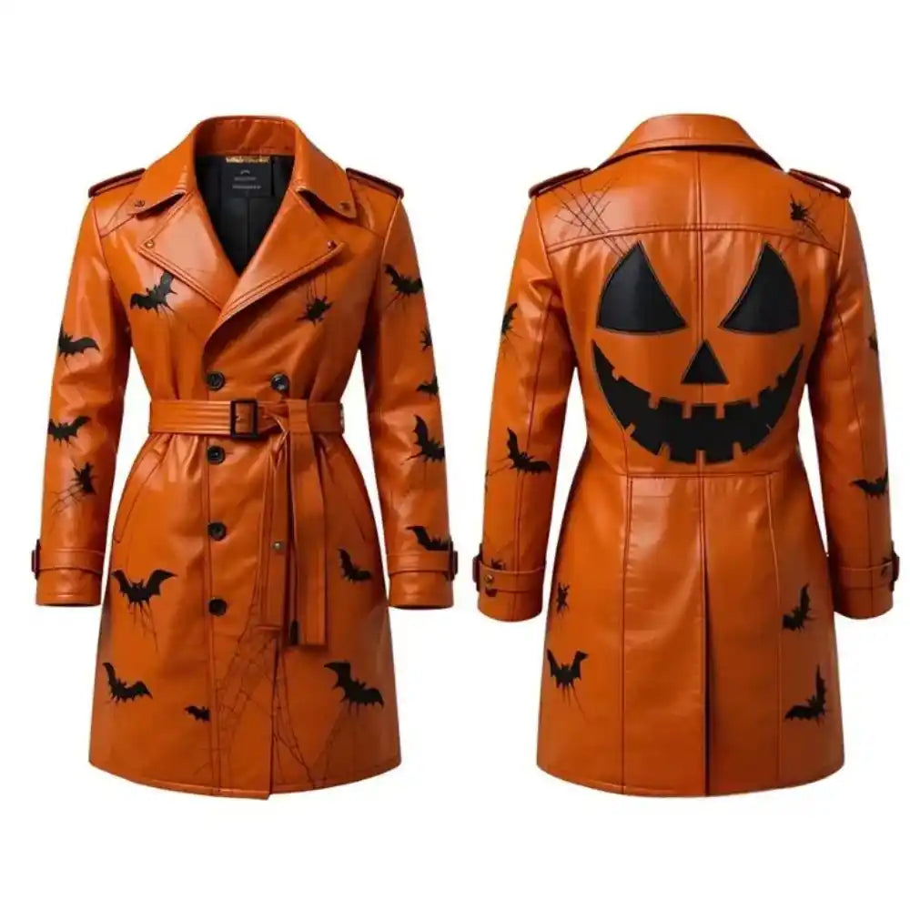 Women’s Halloween Bat Print Orange Leather Trench Coat