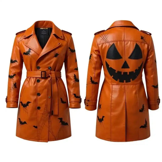 Women’s Halloween Bat Print Orange Leather Trench Coat