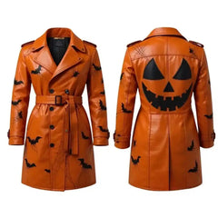 Women’s Halloween Bat Print Orange Leather Trench Coat