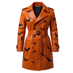 Women’s Halloween Bat Print Orange Leather Trench Coat