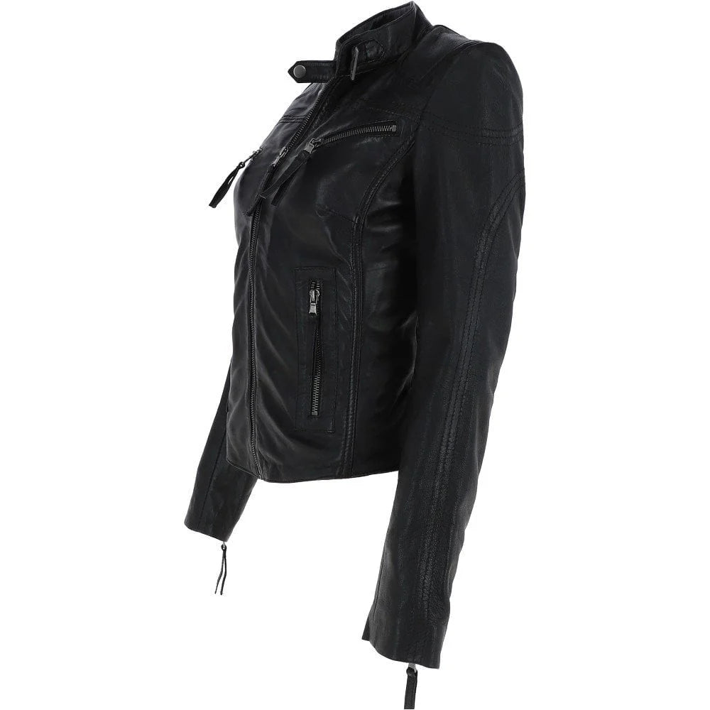 Women's High Collar Black Leather Classic Jacket