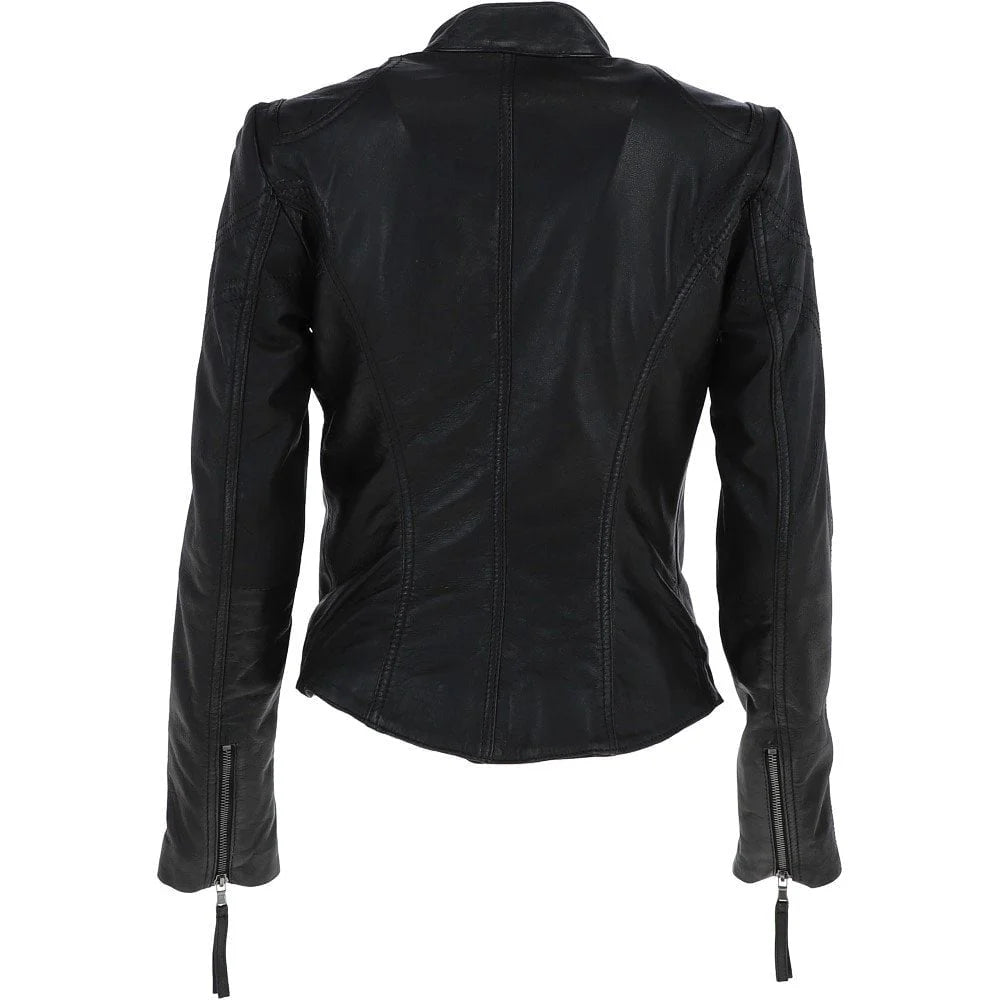 Women's High Collar Black Leather Classic Jacket