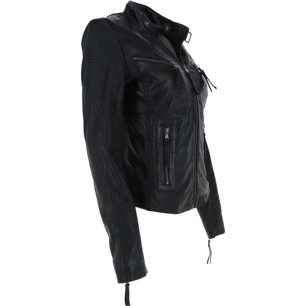 Women's High Collar Black Leather Classic Jacket
