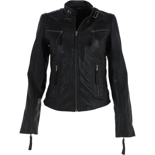 Women's High Collar Black Leather Classic Jacket
