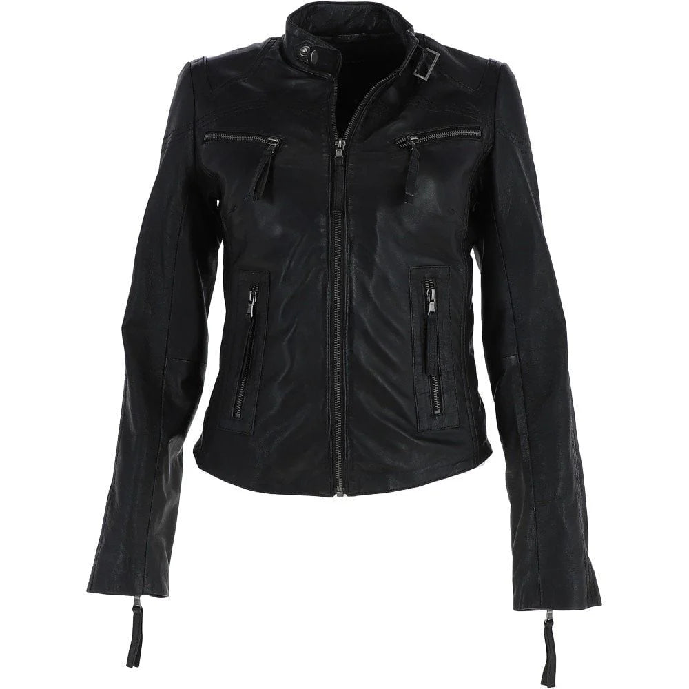 Women's High Collar Black Leather Classic Jacket