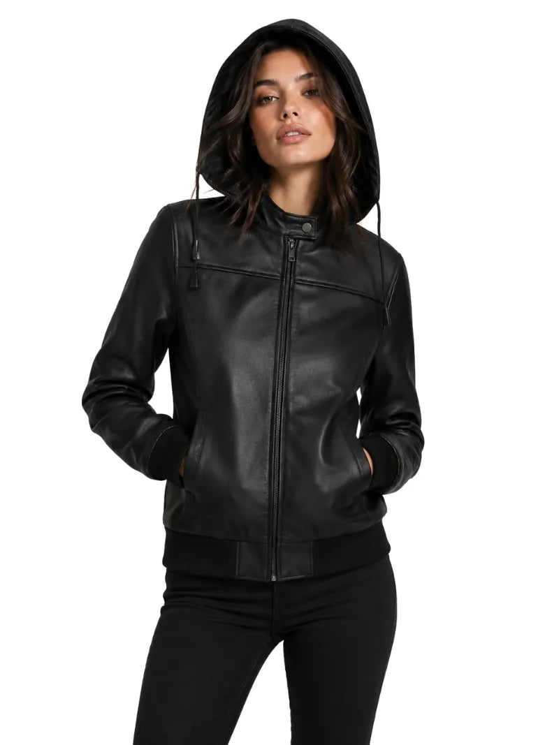 Women’s Hooded Leather Jacket Full 