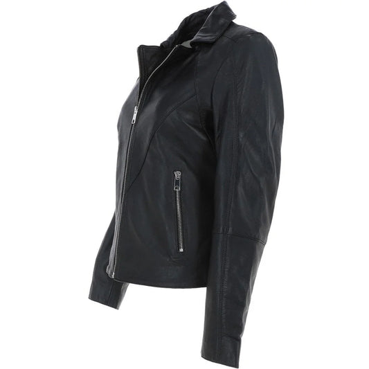 Women's Lapel Collar Black Leather Jacket