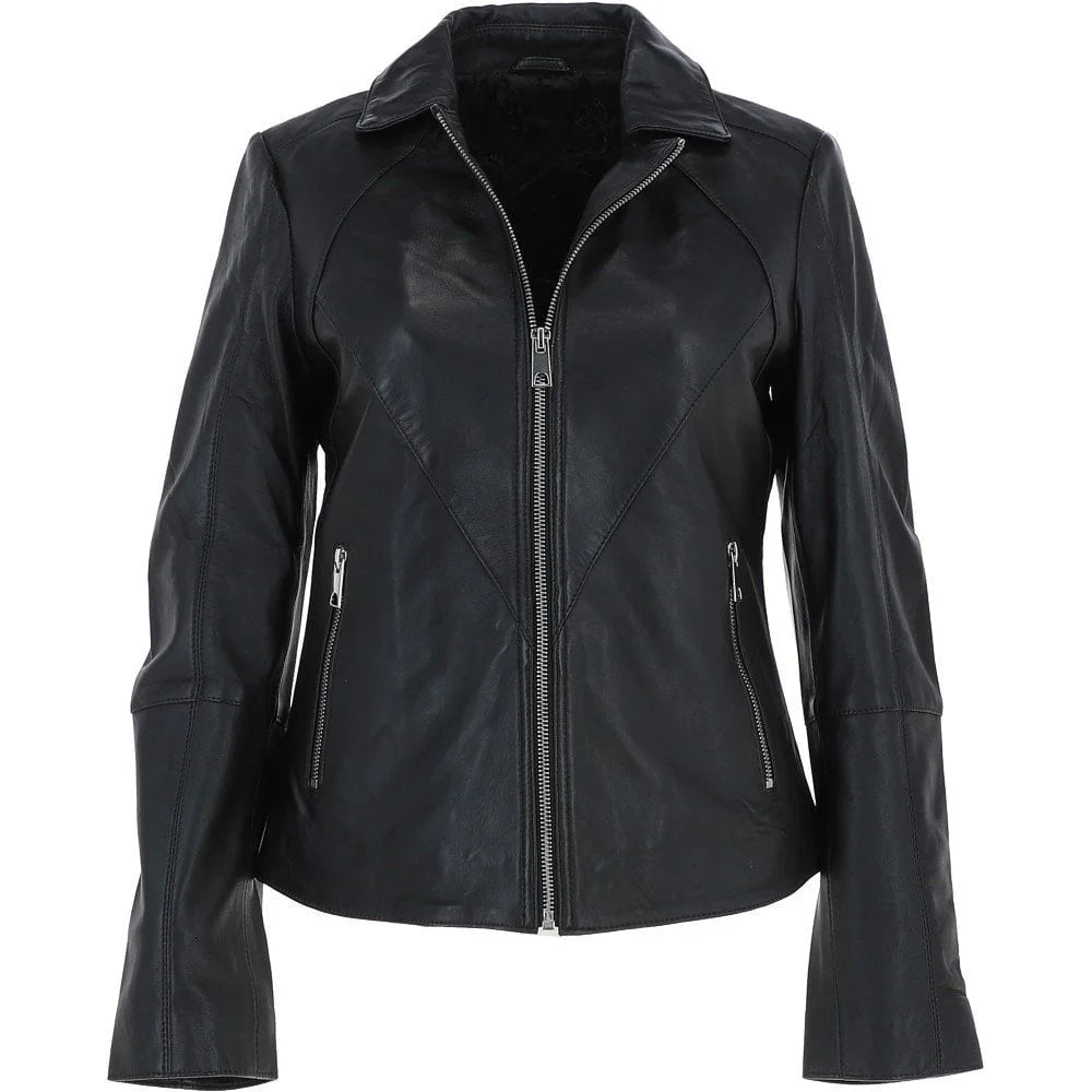 Women's Lapel Collar Black Leather Jacket