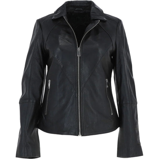 Women's Lapel Collar Black Leather Jacket