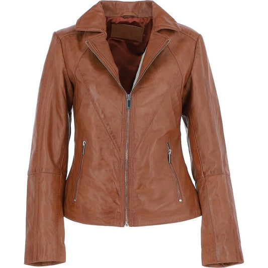 Women's Lapel Collar Tan Leather Jacket