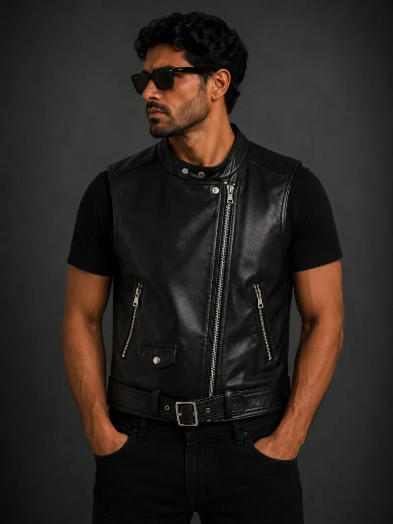 Women's Leather Asymmetrical Vest - Black and White, full length
