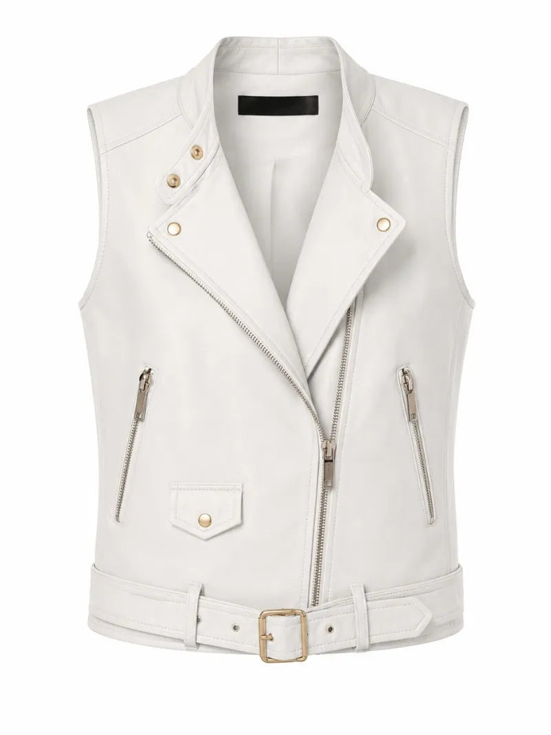 Women's Leather Asymmetrical Vest - Black and White, back view