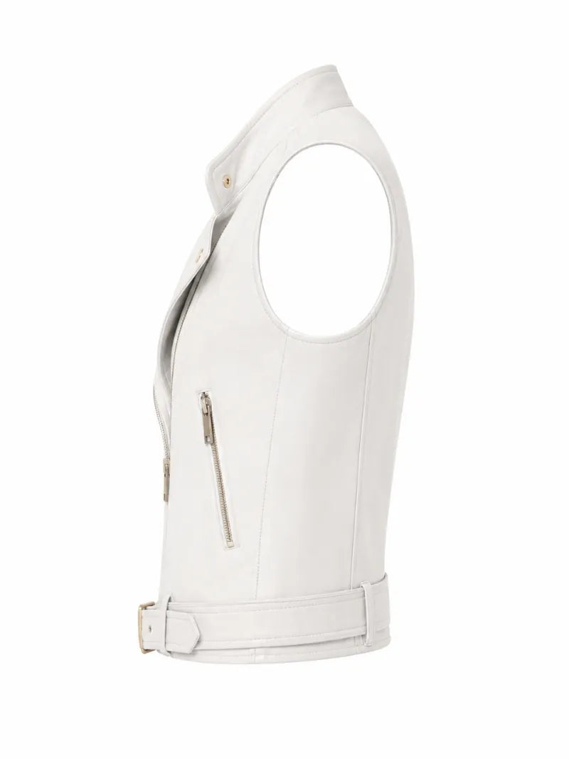 Women's Leather Asymmetrical Vest - Black and White, collar detail