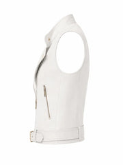 Women's Leather Asymmetrical Vest - Black and White, collar detail