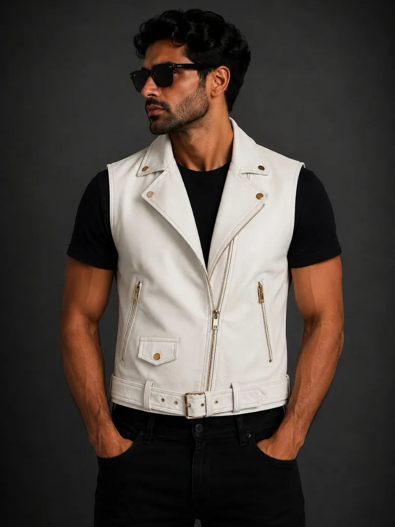 Women's Leather Asymmetrical Vest - Black and White, worn on model