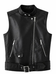 Women's Leather Asymmetrical Vest - Black and White, front view