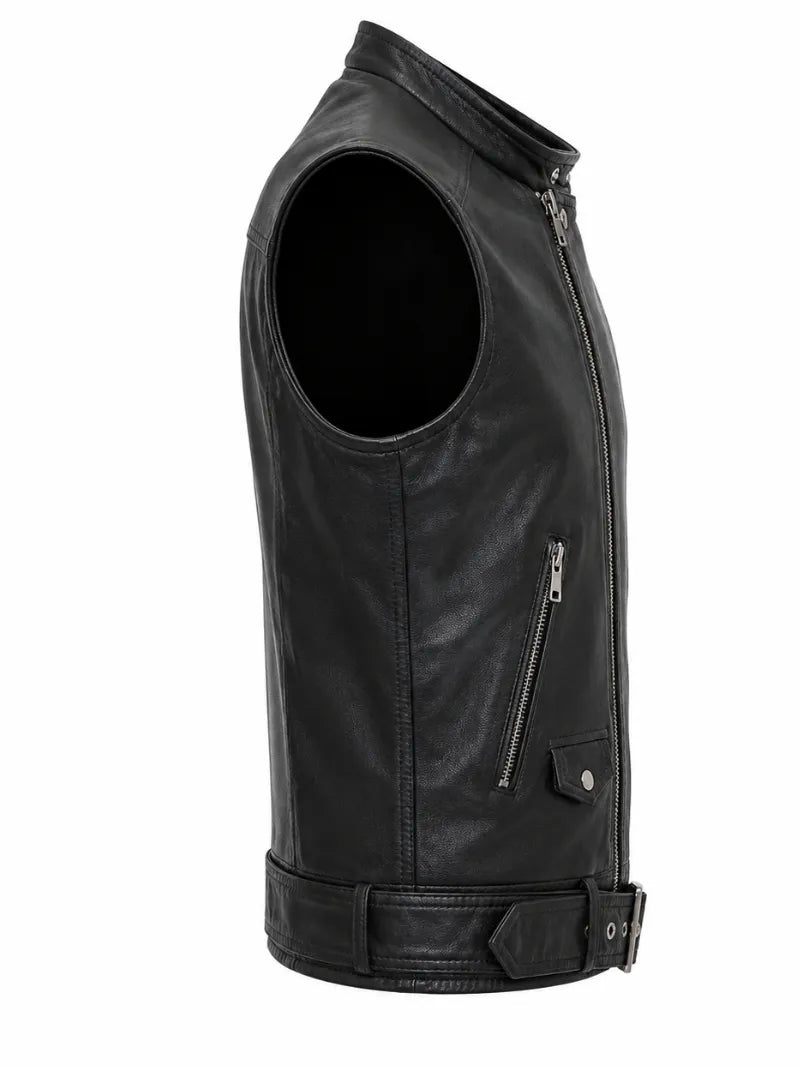 Women's Leather Asymmetrical Vest - Black and White, pocket detail