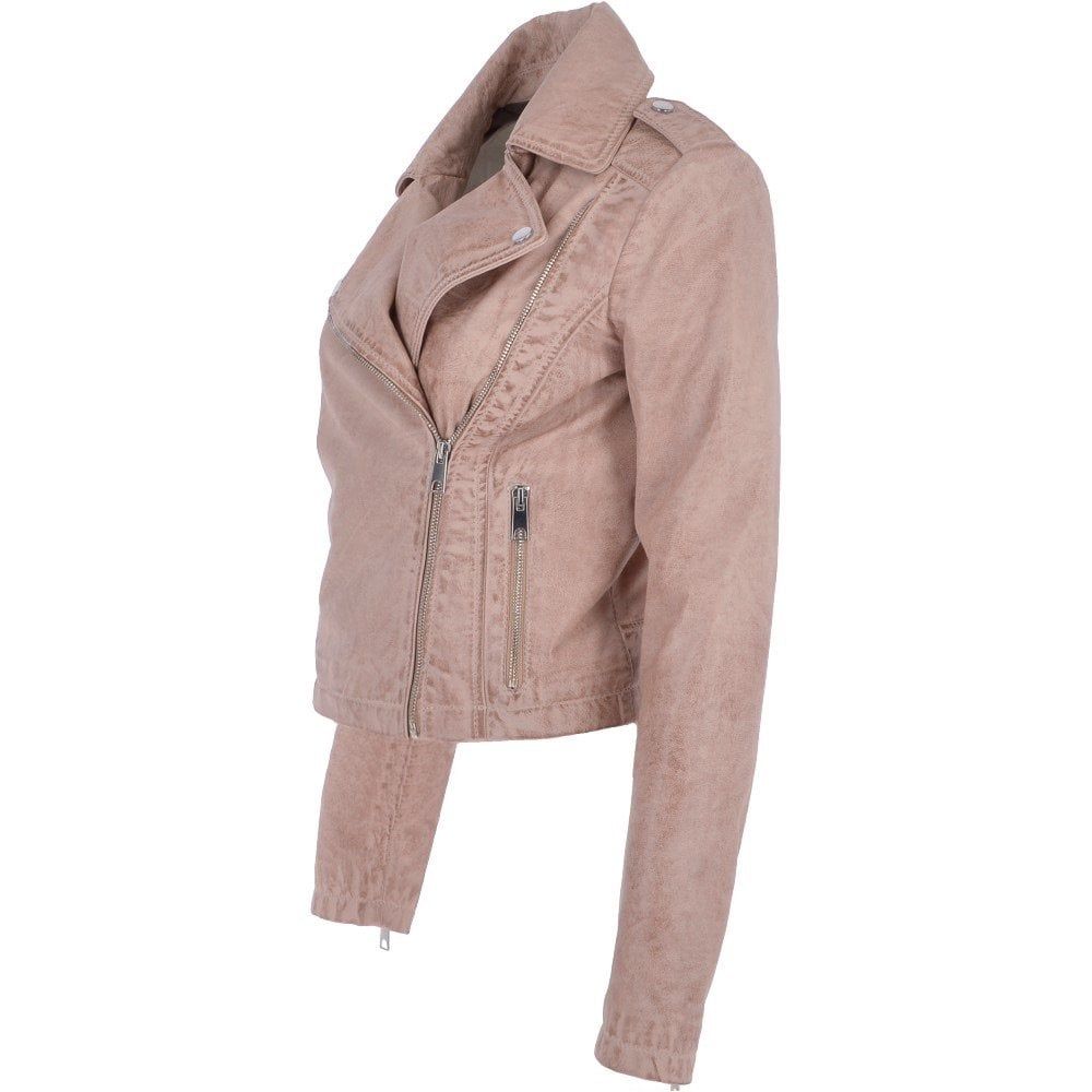 Women's Light Beige Suede Moto Jacket