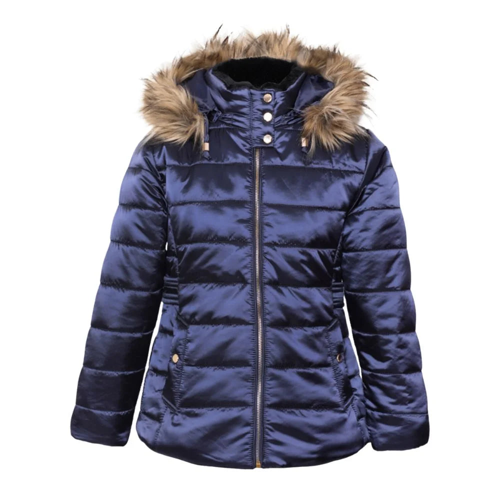 Women's Navy Blue Parachute Jacket with Fur Hood