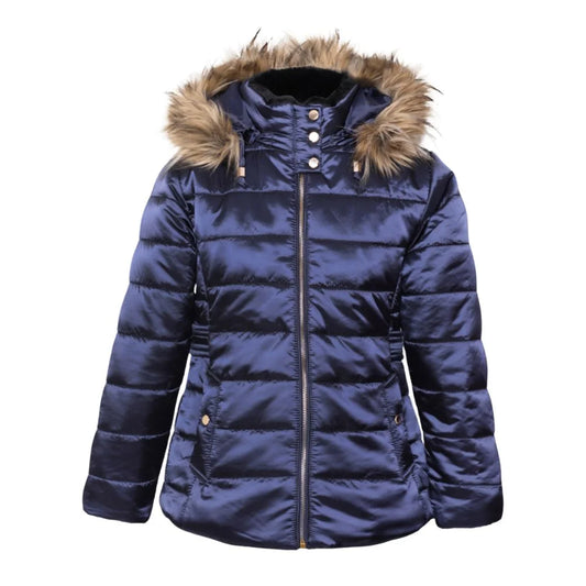 Women's Navy Blue Parachute Jacket with Fur Hood