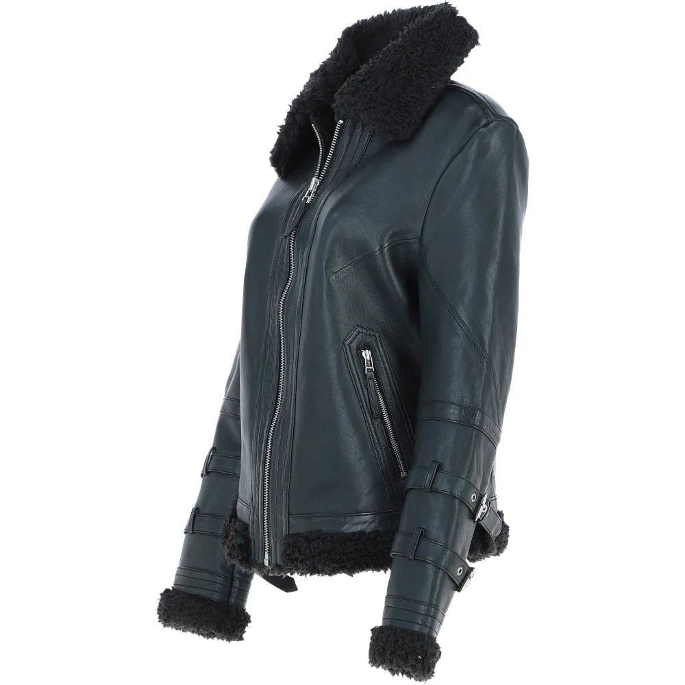 Women's Navy Leather Belted Shearling Aviator Jacket