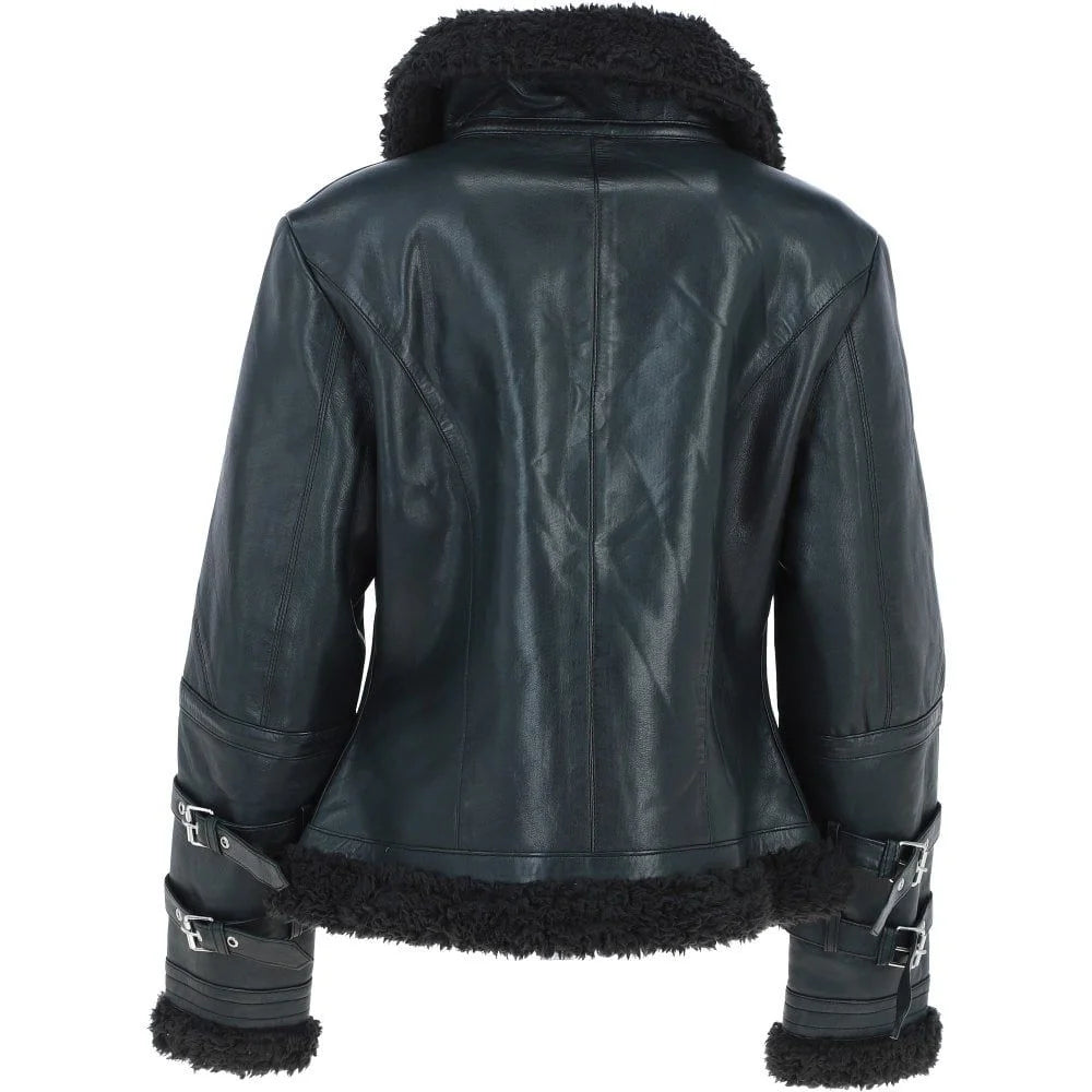 Women's Navy Leather Belted Shearling Aviator Jacket