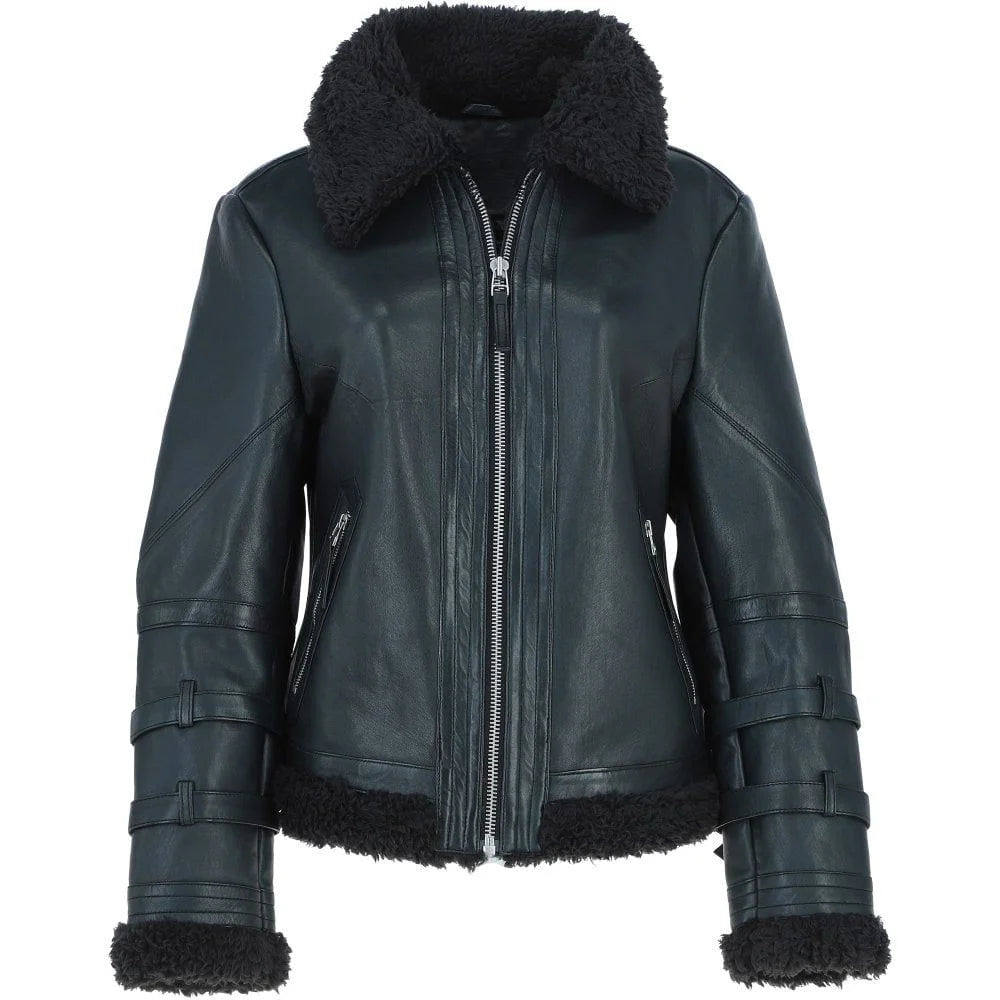 Women's Navy Leather Belted Shearling Aviator Jacket