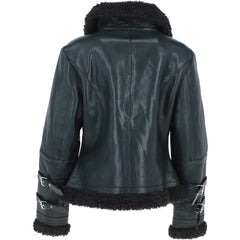 Women's Navy Leather Belted Shearling Aviator Jacket