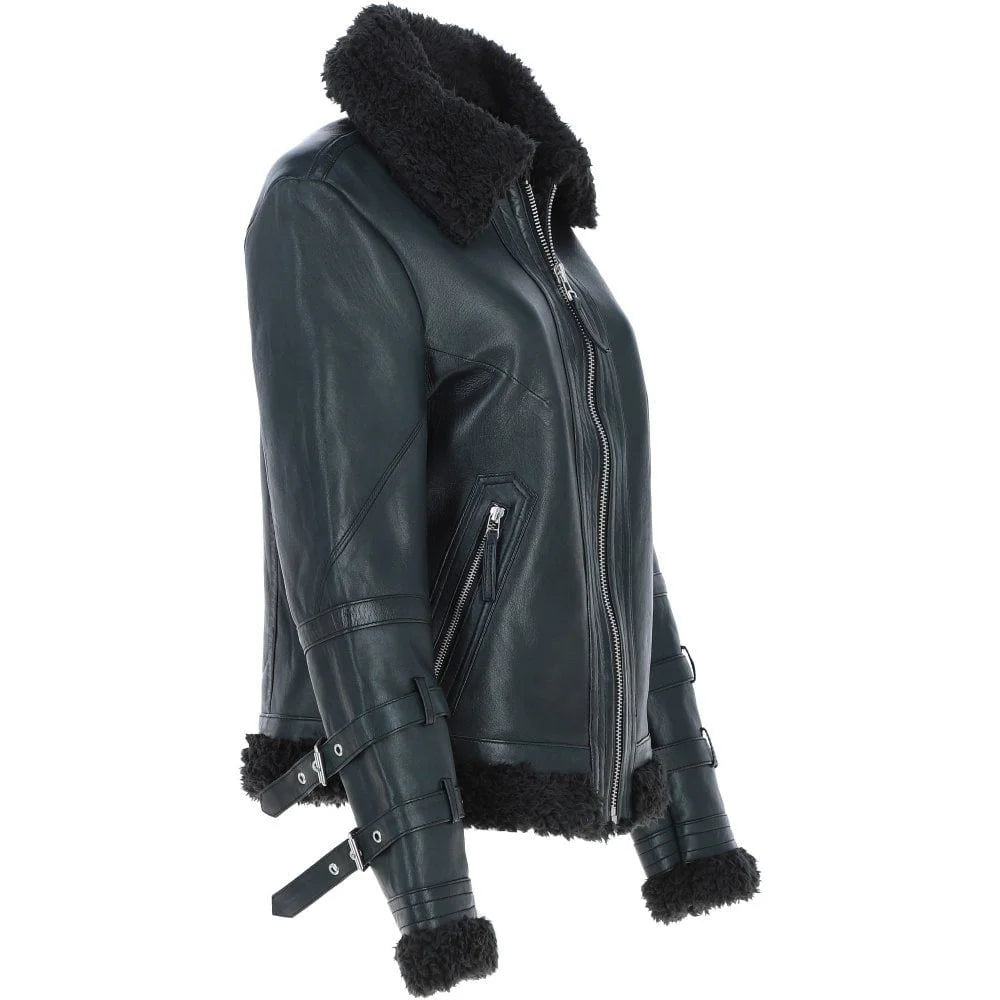 Women's Navy Leather Belted Shearling Aviator Jacket