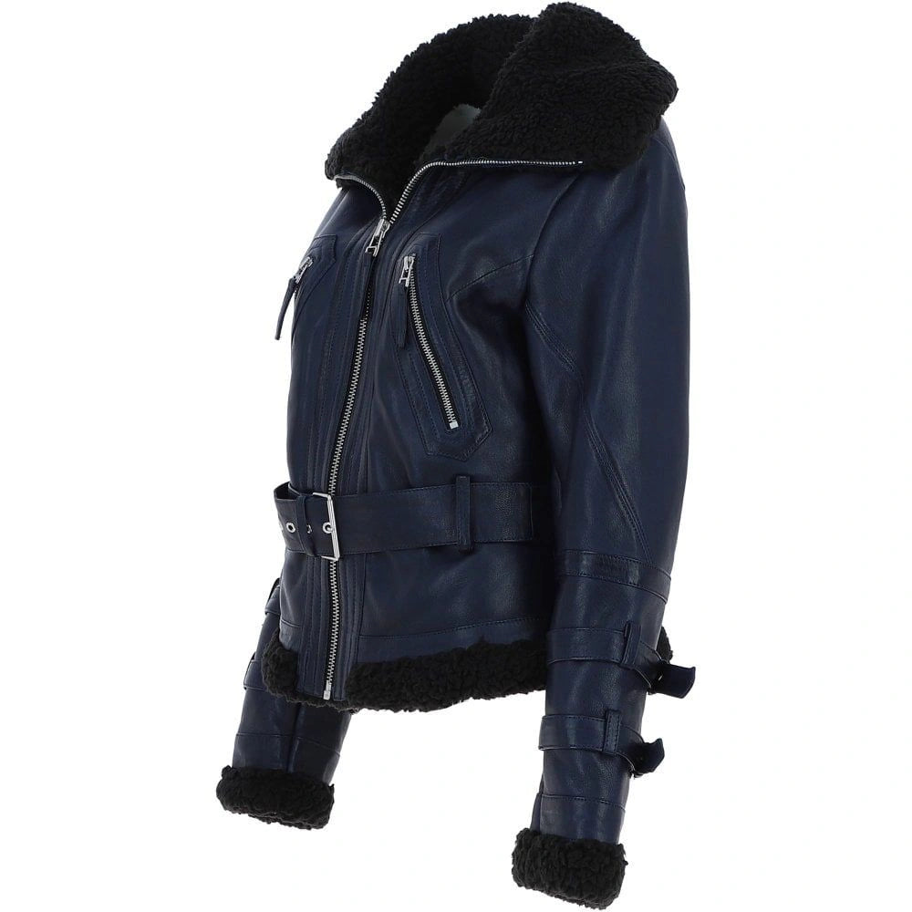 Women's Navy Leather Shearling Aviator Jacket