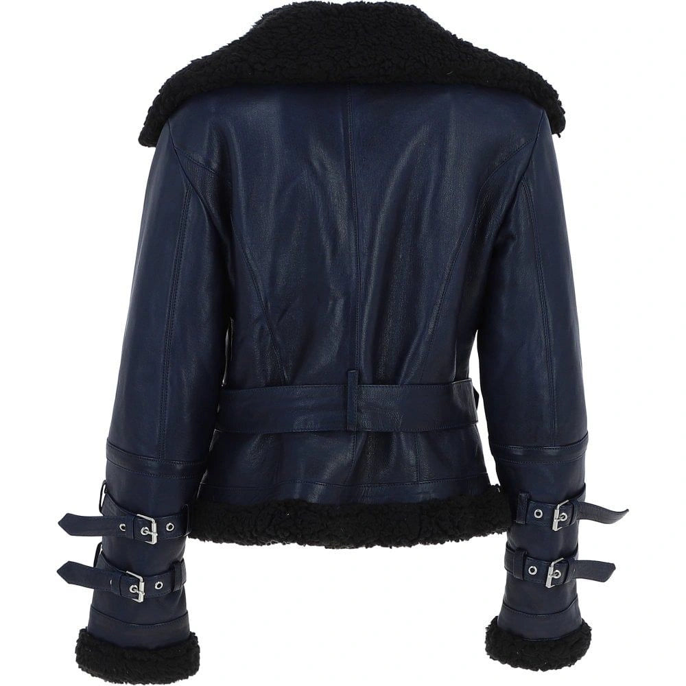 Women's Navy Leather Shearling Aviator Jacket