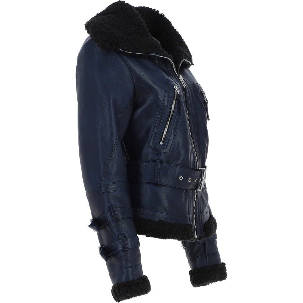 Women's Navy Leather Shearling Aviator Jacket