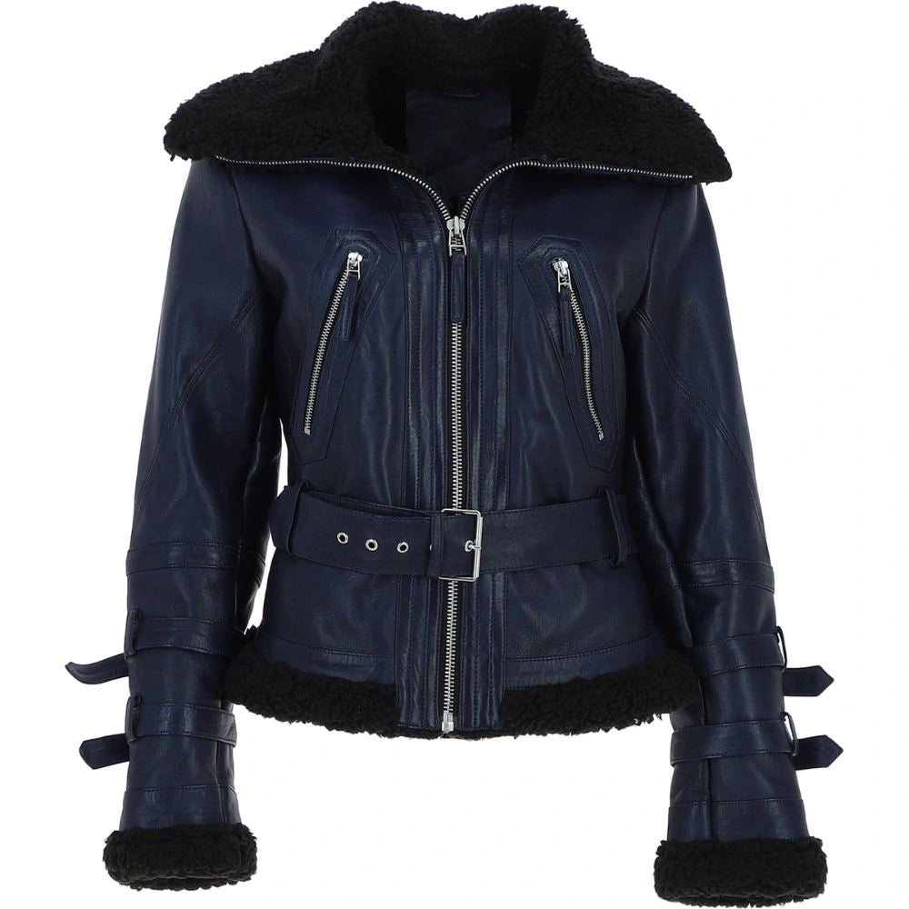 Women's Navy Leather Shearling Aviator Jacket