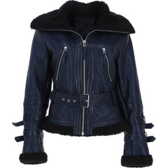 Women's Navy Leather Shearling Aviator Jacket
