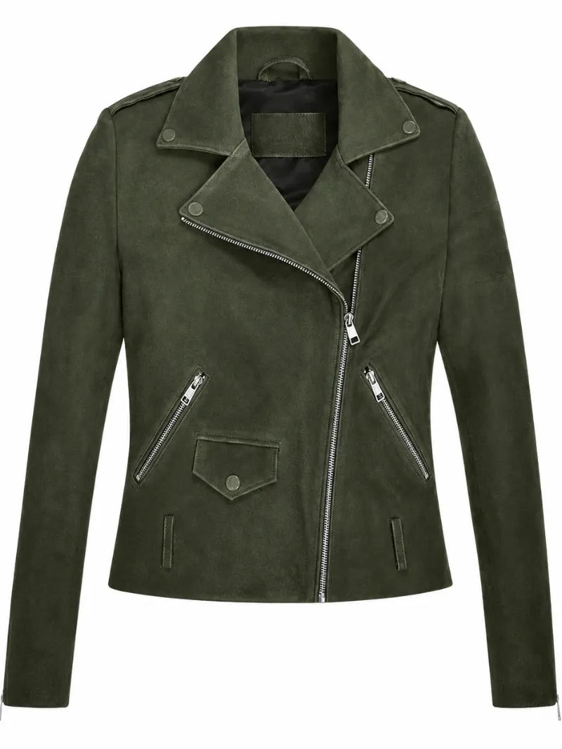 Women’s Olive Green Suede Leather Jacket Front 
