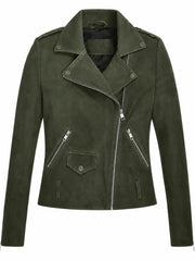 Women’s Olive Green Suede Leather Jacket Front 