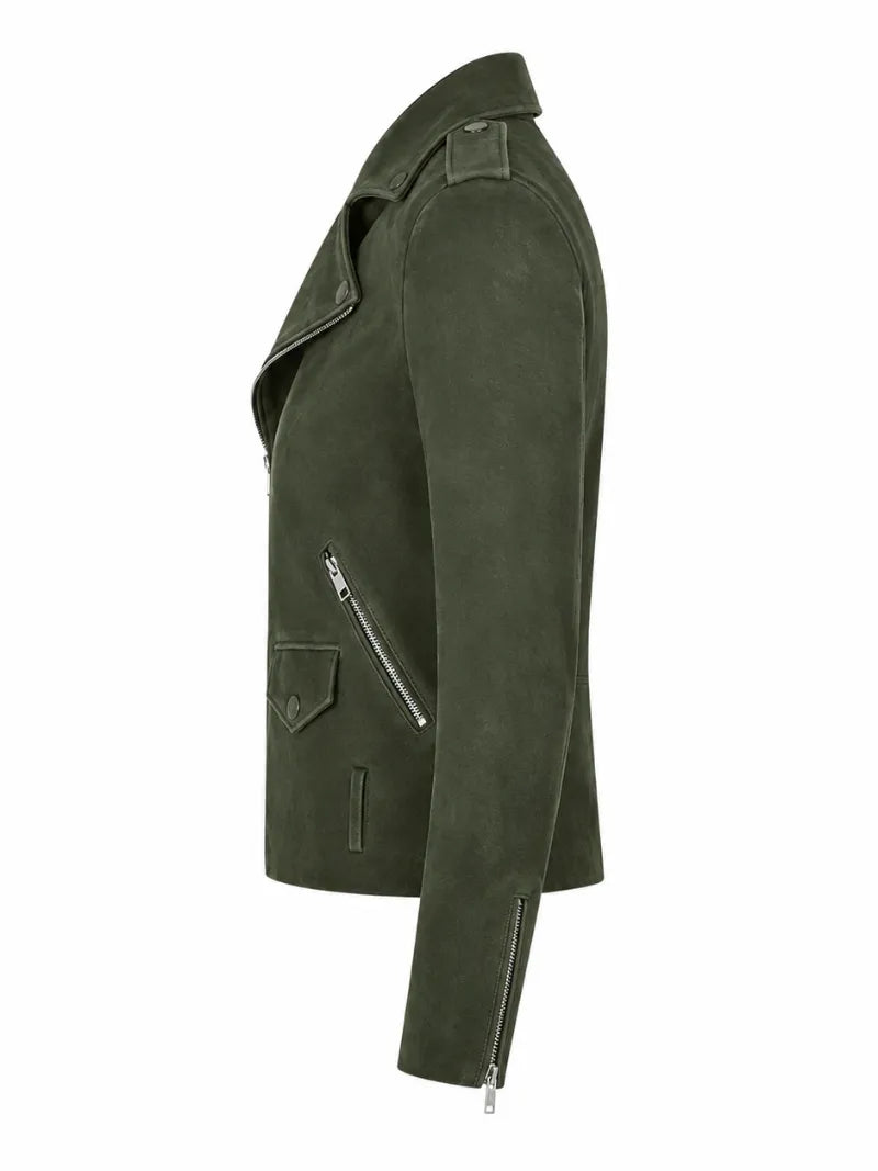 Women’s Olive Green Suede Leather Jacket Left