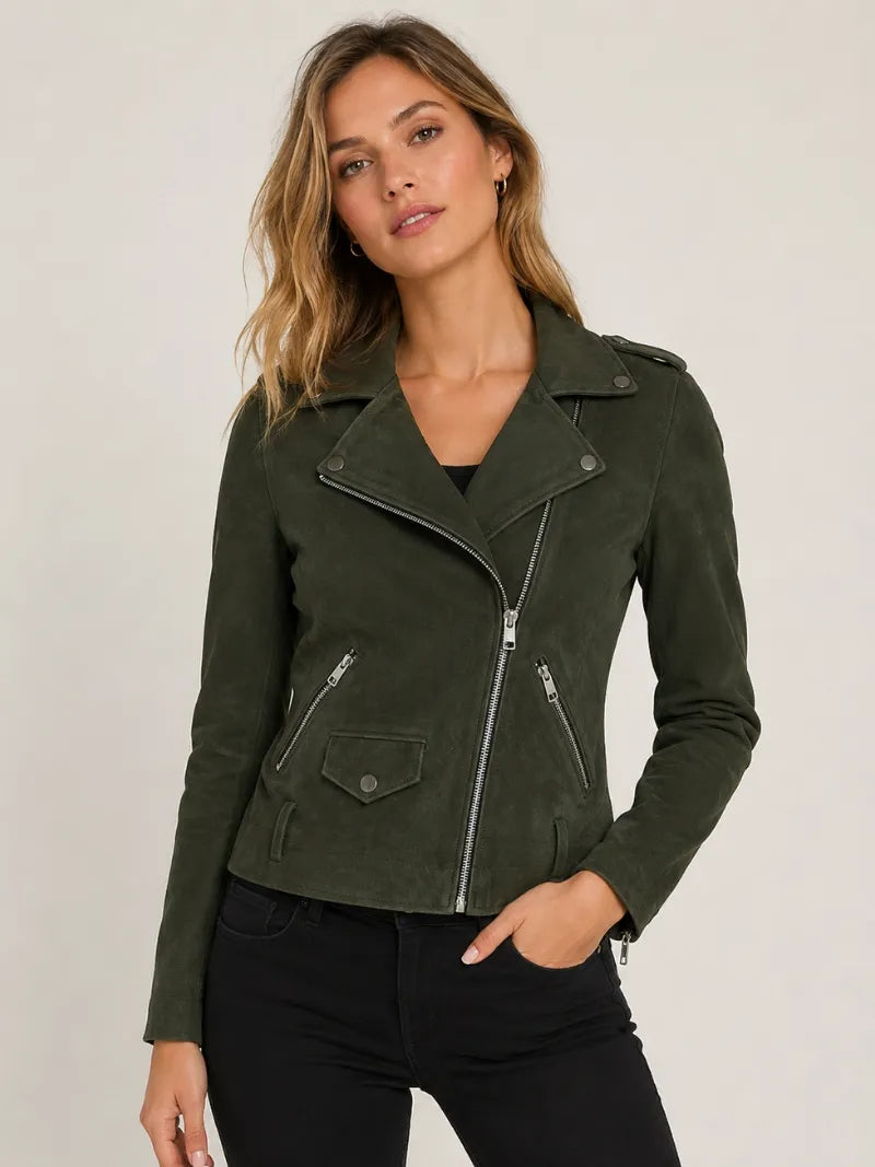 Women’s Olive Green Suede Leather Jacket Full